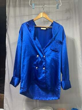 Vintage Victoria's Secret Gold Label Double Breasted Royal Blue Satin Pajama Top
